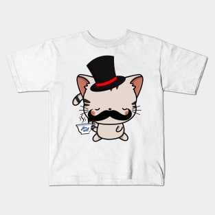 Sophisticated Tabby Cat Drinking Tea wearing a top hat Kids T-Shirt